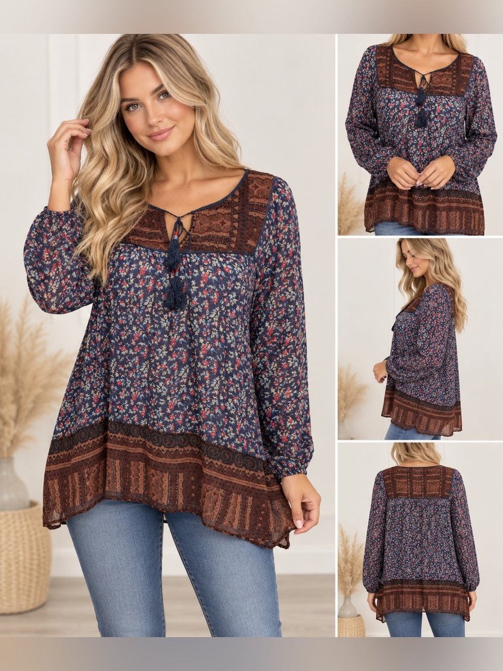 Free People Flowing Dream Lover Floral Metallic Tassel Boho Tunic size small
